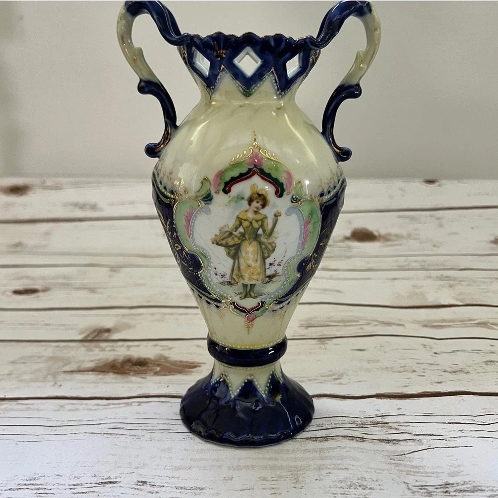 Porcelain Vase Cobalt Blue Gold Gilt Portrait Floral 9.25in